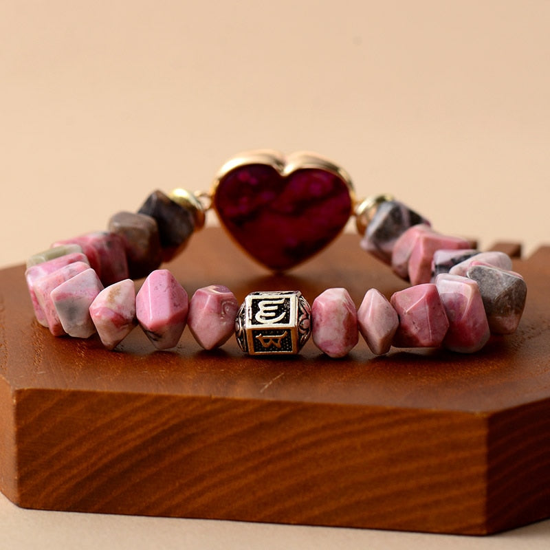 Women's Bohemian Rhodonite Beads and Heart Charm Stretchy Bracelet - Allora Jade