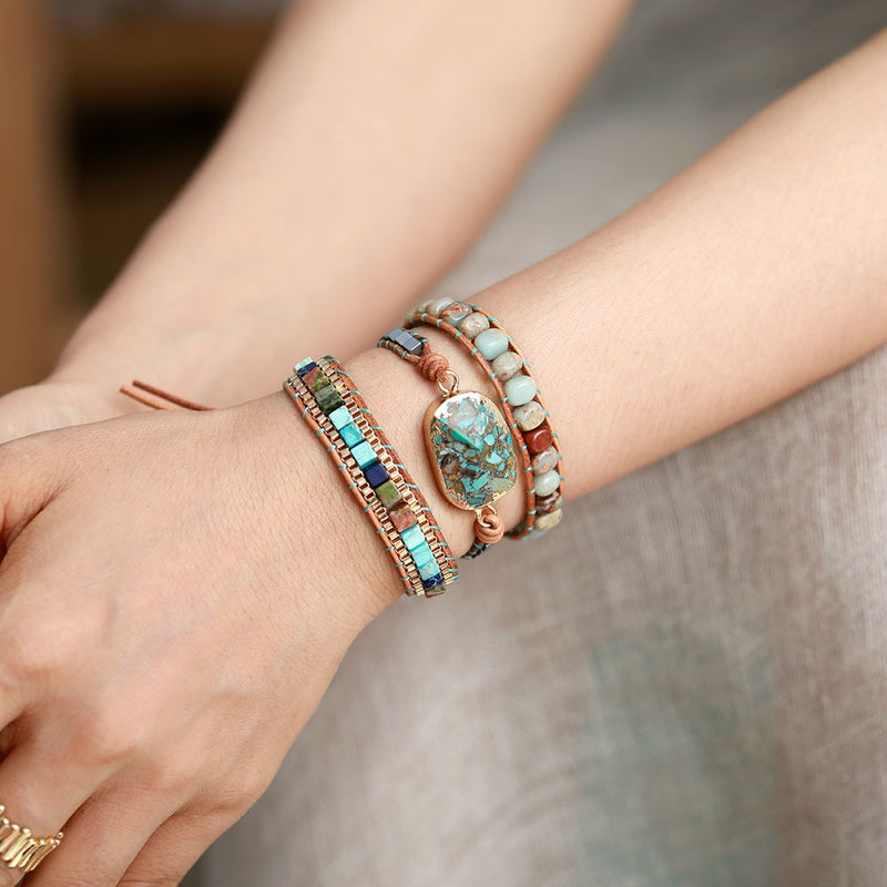 Women's Bohemian Natural Jasper Charm and Beads Wrap Bracelet - Allora Jade