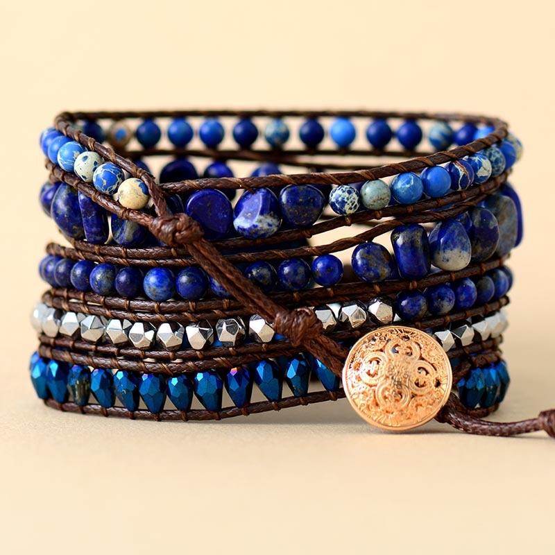 Lapis Lazuli Charm & Jasper Wax Cord Wrap Bracelet - Womens Bracelets Crystal Bracelet - Allora Jade