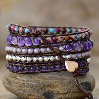 Women's Amethyst Charm and Beads and Jasper Beads Wax Cord Wrap Bracelet - Allora Jade