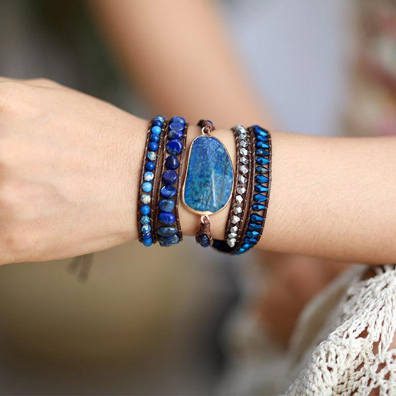 Lapis Lazuli Charm & Jasper Wax Cord Wrap Bracelet - Womens Bracelets Crystal Bracelet - Allora Jade