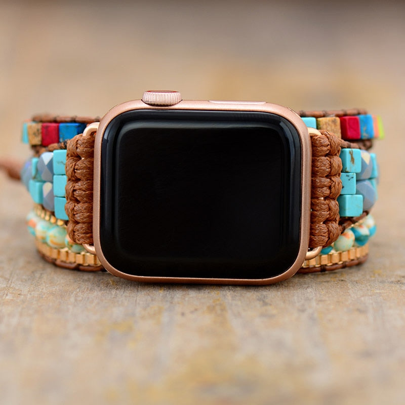 Jasper and Agate Beads Apple Watch Band Wax Cord Wrap - Allora Jade