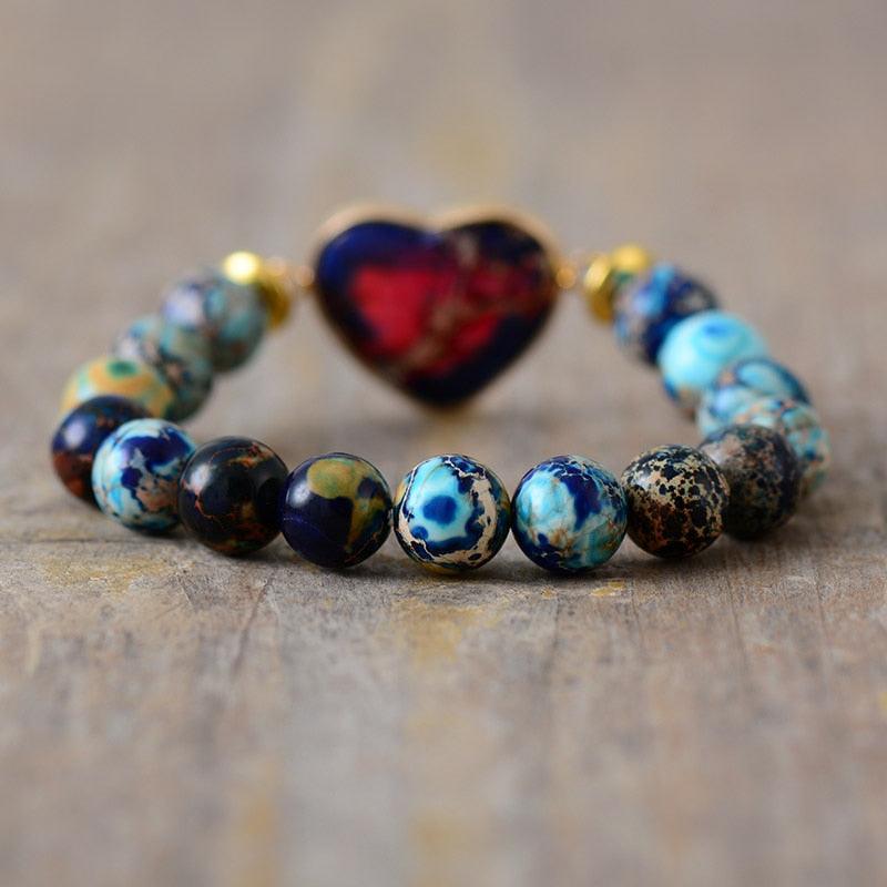 Blue Imperial Jasper Heart Charm Stretchy Bracelet - Womens Bracelets Crystal Bracelet - Allora Jade