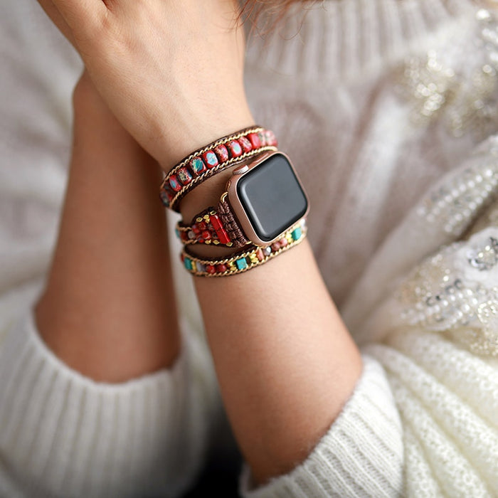 Jasper Beads Apple Watch Band Wax Cord Wrap - Allora Jade