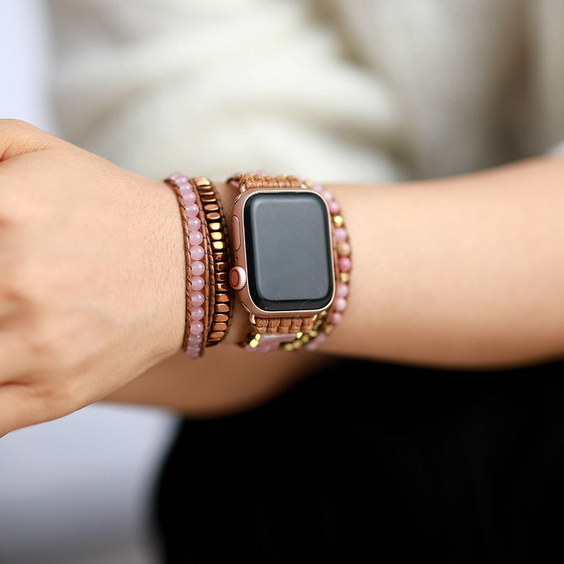 Rose Quartz and Rhodonite Beads Apple Watch Band Wax Cord Wrap - Allora Jade