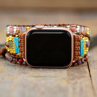 Rhinestones, Rhodonite and Jasper Beads Apple Watch Band Wax Cord Wrap - Allora Jade