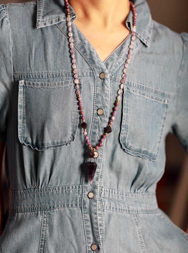 'Ngalgarra' Jasper & Amethyst Cone Pendant Necklace - Womens Necklaces Crystal Necklace - Allora Jade