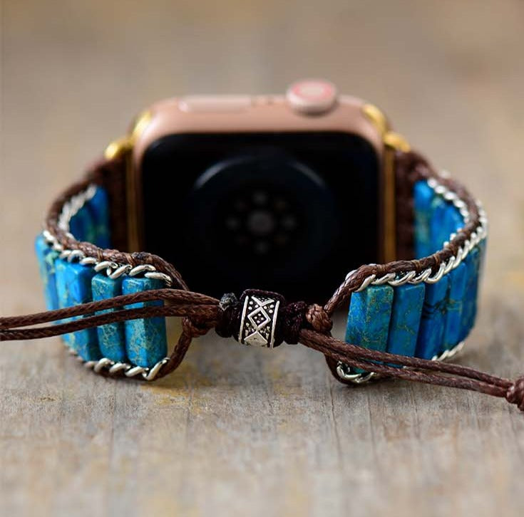 Blue Jasper Beads Apple Watch Band Wax Cord Cuff - Allora Jade