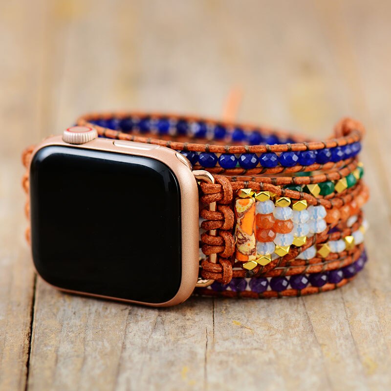 Jasper and Rhinestones Beads Apple Watch Band Leather Wrap - Allora Jade
