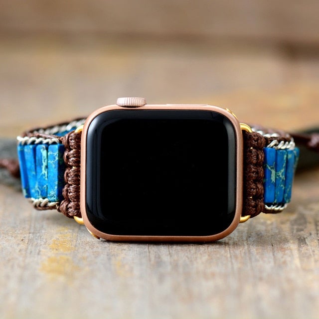 Blue Jasper Beads Apple Watch Band Wax Cord Cuff - Allora Jade