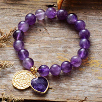 Amethyst Heart Charm & Beads Stretchy Bracelet - Womens Bracelets Crystal Bracelet - Allora Jade
