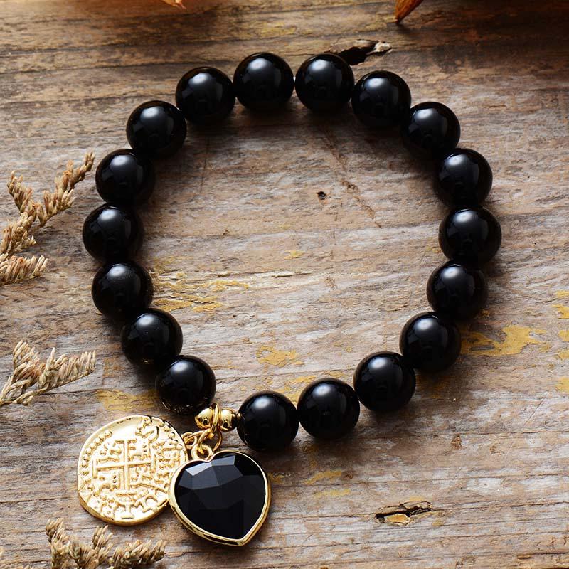 Black Onyx Heart Charm & Beads Stretchy Bracelet - Womens Bracelets Crystal Bracelet - Allora Jade