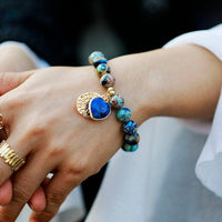 Lapis Lazuli Heart Charm & Jasper Beads Stretchy Bracelet - Womens Bracelets Crystal Bracelet - Allora Jade