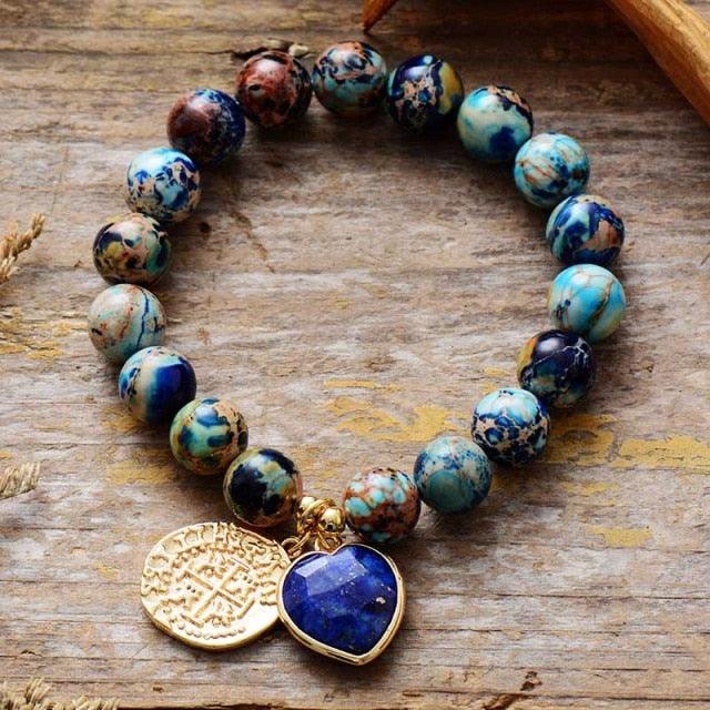 Lapis Lazuli Heart Charm & Jasper Beads Stretchy Bracelet - Womens Bracelets Crystal Bracelet - Allora Jade