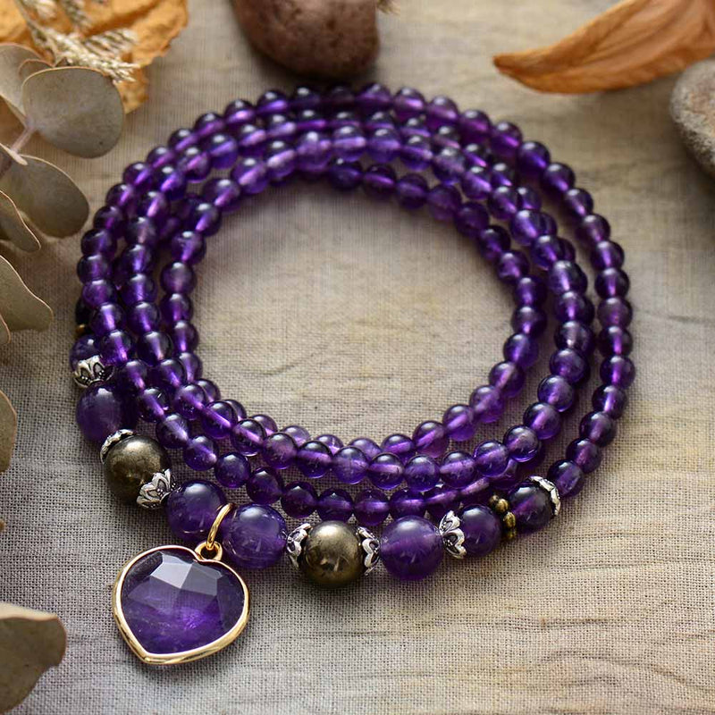 'Nyiwarri' Amethyst Beads and Heart Charm Stretchy Bracelet | Allora Jade