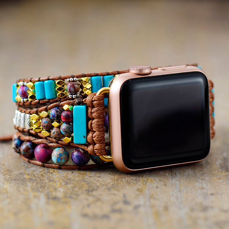 Turquoise and Jasper Apple Watch Band Wax Cord Wrap | Allora Jade
