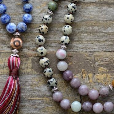 'Pink Tassel' Agate & Jasper 108 Mala Beads Necklace - Womens Necklaces Crystal Necklace - Allora Jade